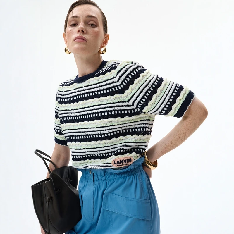 

Korean LAN25 Summer Simple Versatile Design Color Block Striped Hollow round Neck Short Sleeve Knitted Sweater 6044