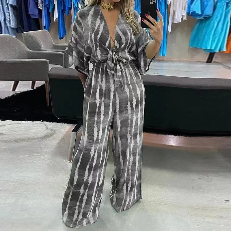 Prints Jumpsuit Romper For Women Fashion Dolman Sleeves V Neck Lace Up High Waist Loose Wide Legs Jumpsuits Playsuit Overalls