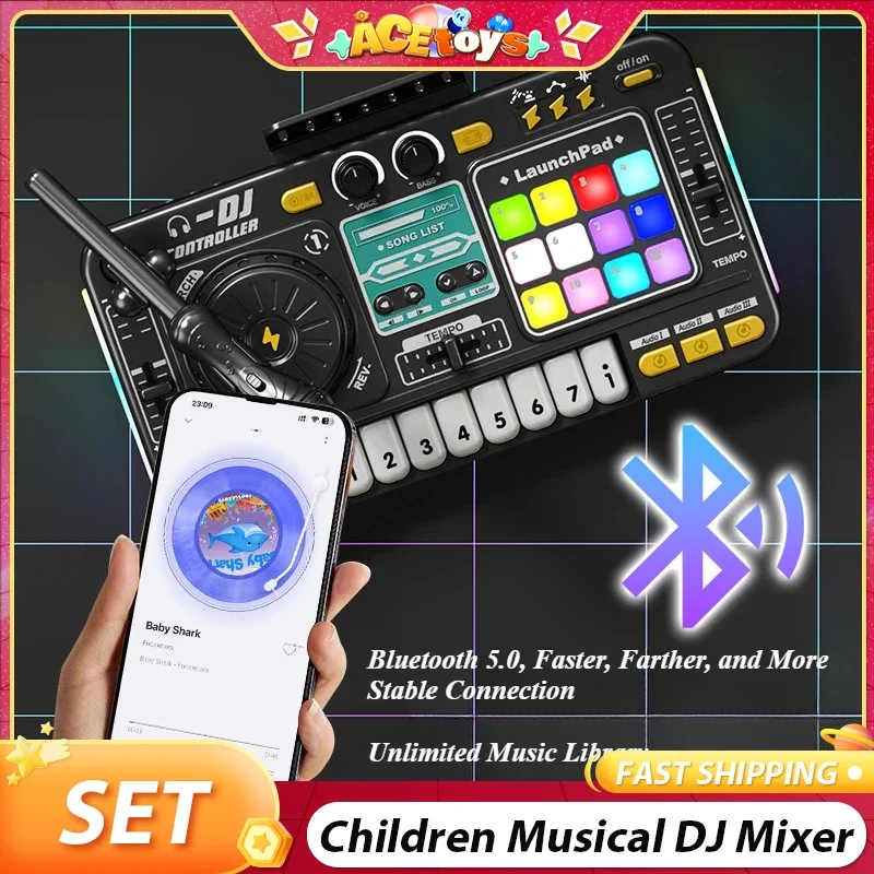 Giradischi DJ per bambini Stabile senza fili con microfono Mixer musicale DJ leggero Giocattoli educativi multifunzionali per bambini