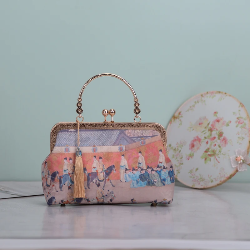 Bolsa em material DIY com pendão para mulheres, sonho de mansões vermelhas, modelos clássicos, boca, bolsa dourada, estilo chinês, 2024