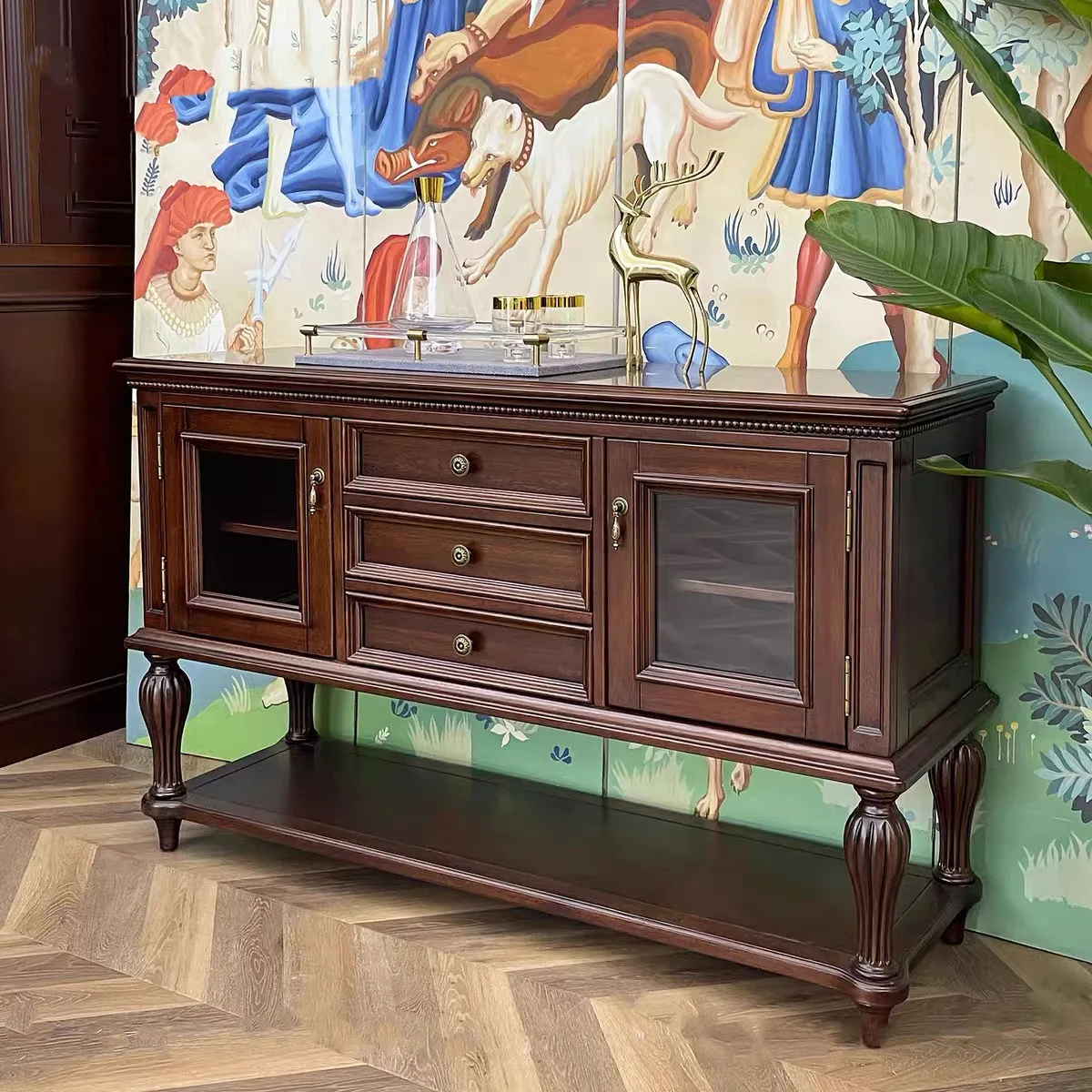 ตู้เก็บของอเนกประสงค์ไม้เนื้อแข็งสไตล์อเมริกันแบบคันทรี พร้อมเสาโรมัน สำหรับห้องนั่งเล่นหรือทางเข้า