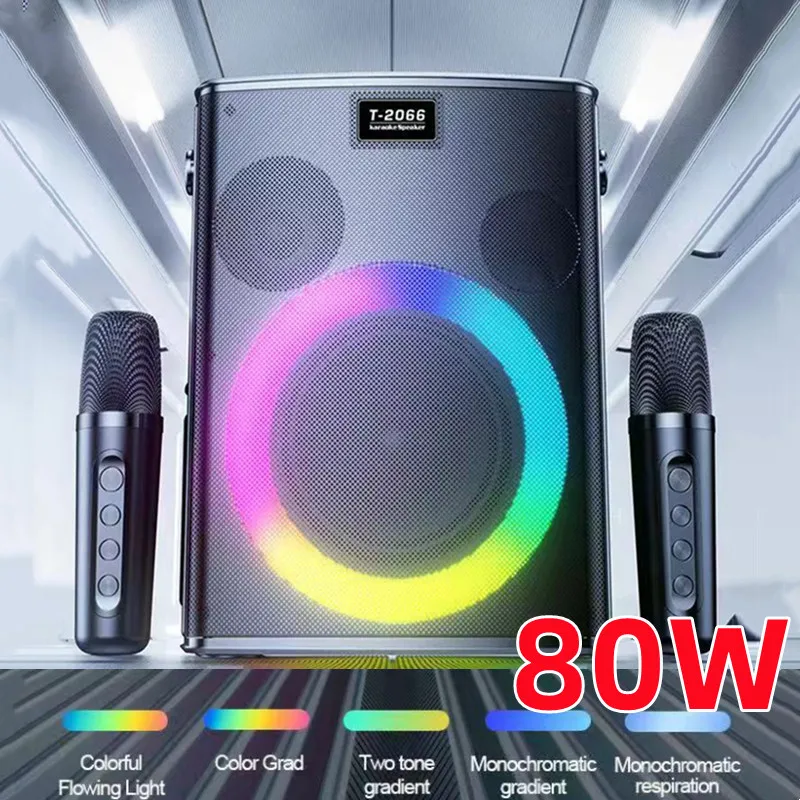 

Subwoofer Bluetooth Speaker with Dual Wireless Microphones Portable with LED Colorful Lights Home KTV Speakers Outdoor Karaoke