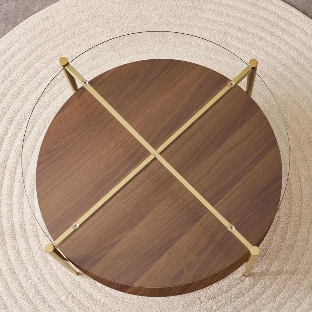 طاولة قهوة مستديرة حديثة من منتصف القرن، 30 قطرًا × 17 ارتفاعًا، أثاث غرفة المعيشة، تصميم على مستوىين، زجاج شفاف مع #5