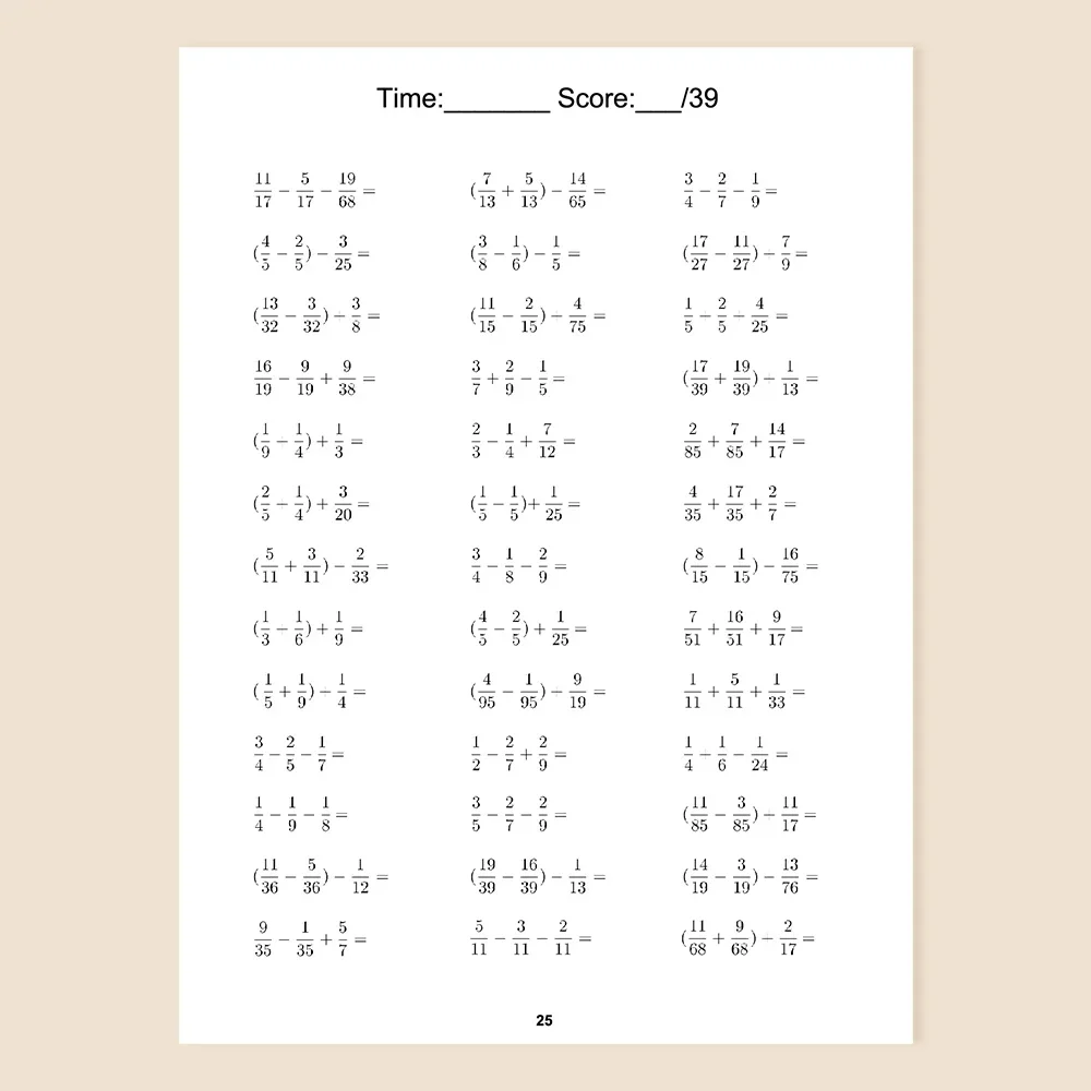 28Pages Adding and Subtracting Fractions with Three Terms- Math Workbook Practice Learning materials for Student Primary School