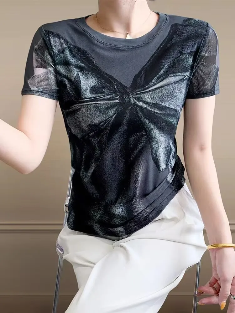 

2025 New Design Casual Trend High Street Female T-shirt Spring Summer Woman S-3XL Short Sleeve y2k Tops Printed Bow Charming