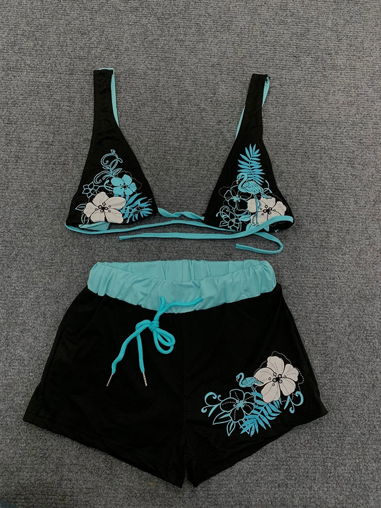 الصيف Y2K الجمالية خمر التباين زهرة طباعة الحمالة الصدرية مجموعة تي شيرتات قصيرة للأطفال أزياء الشاطئ الساخن مثير السيدات سبليت قطعتين بيكيني