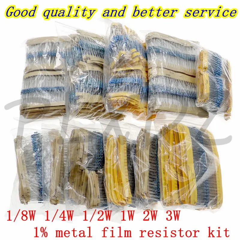 1/8W 1/4W 1/2W 1W 2W 3W Resistance 1% Metal Film Resistor Assortment Kit Set 1 10 100 K ohm  DIY Resistor Pack 0.125W 0.25W 0.5W