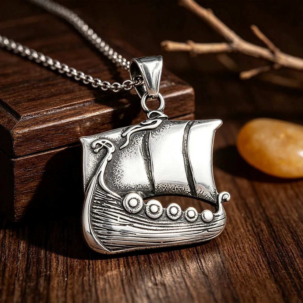 Viking Road Sign Pendant Necklace Unisex Ancient Odin Rune Dragon Boat Voyage Talisman Stainless Steel Jewelry Gift Dropshipping