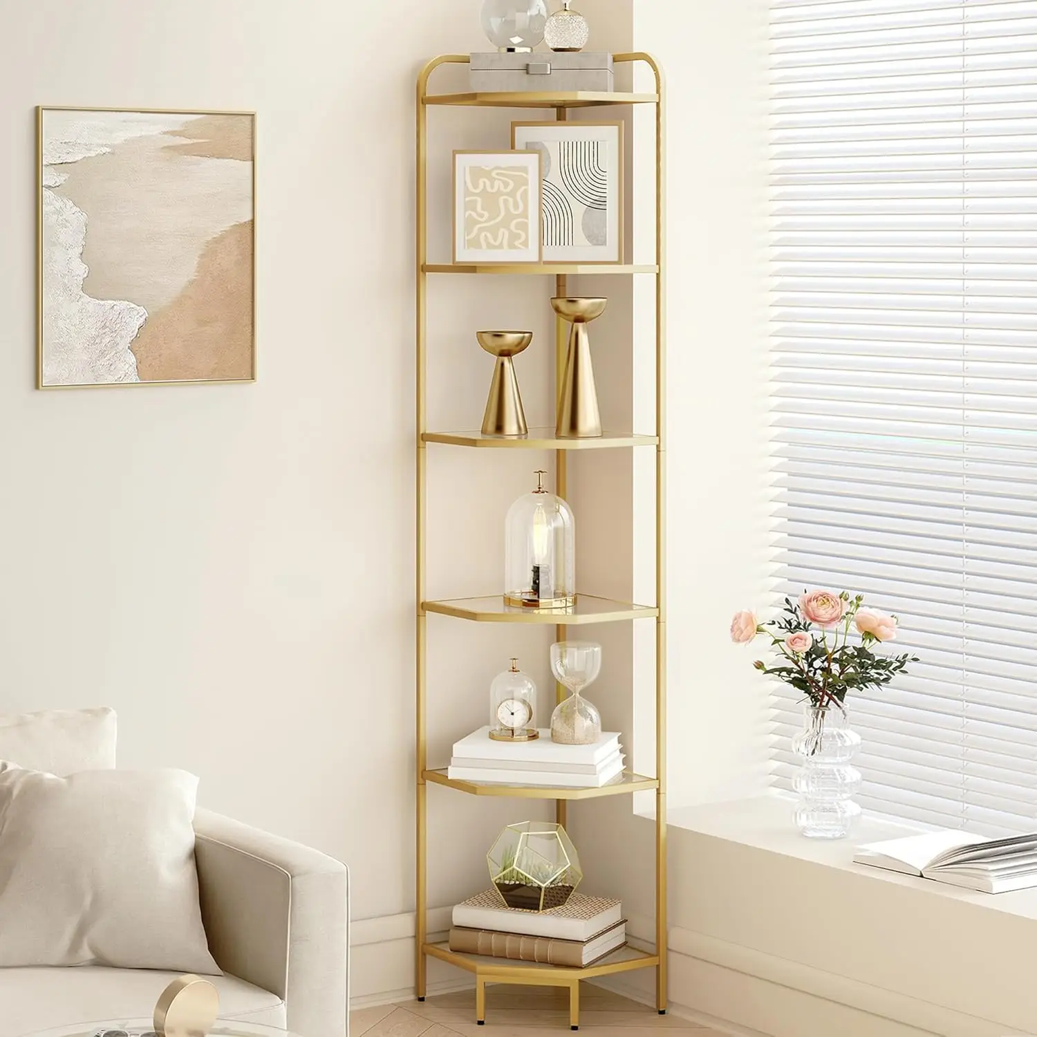 

6-Tier Glass Bookshelf, Modern Plant Stand with Steel Frame, Tempered Glass, Golden Finish for Living Room, Bathroom, Kitchen