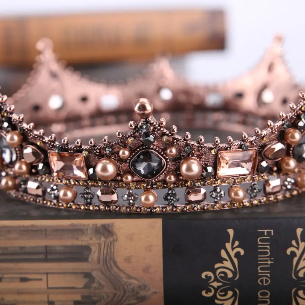 حجر الراين خمر الباروك تاج اللؤلؤ شكل دائري الزفاف الشعر مجوهرات الديكور مريحة لارتداء تاج الزفاف