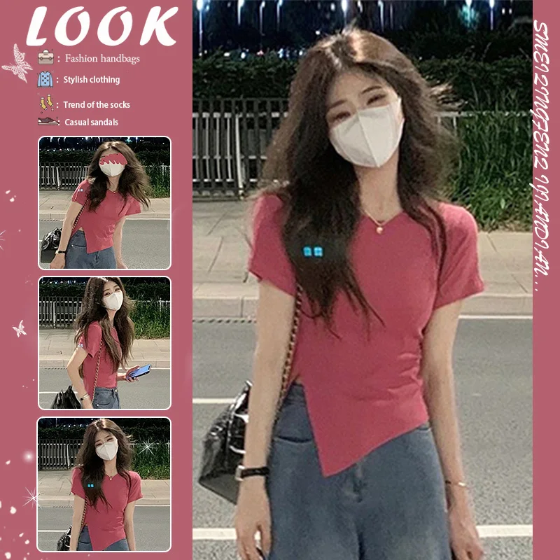 irregular-pink-shoulder-t-shirt-short-sleeve-design-spring-summer-short-top-women's-fashion-casual-cotton-tee-streetwear