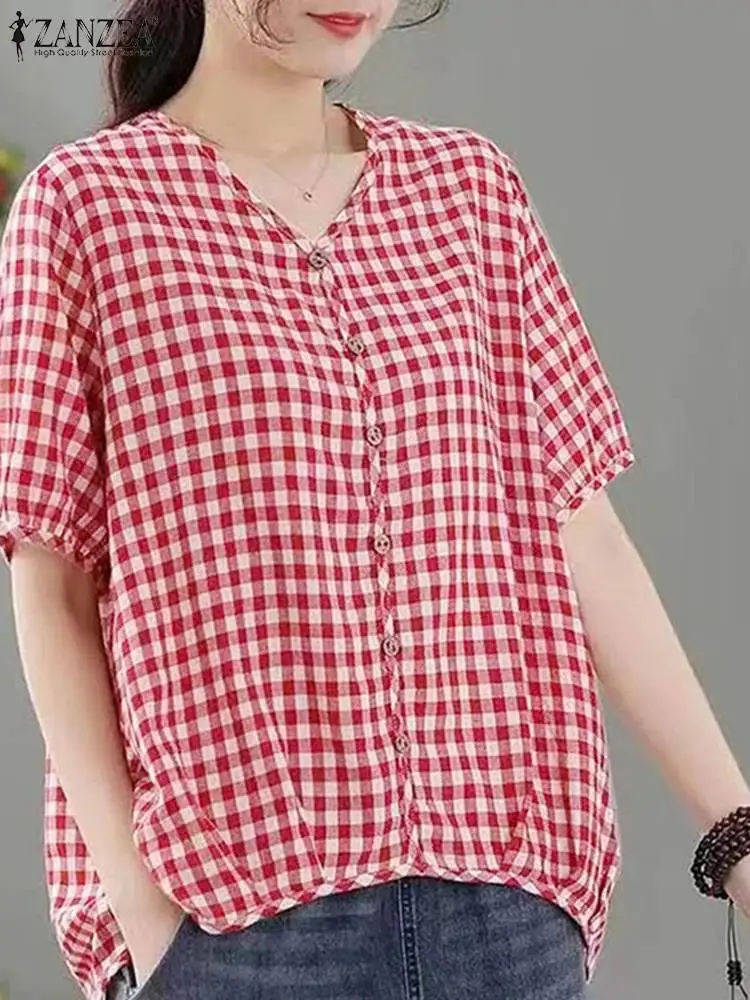 

Oversize Summer Plaid Checked Blouse ZANZEA Women Elegant Work Shirt V Neck Short Sleeve Tops Bohemain Stylish Holiday Blusas