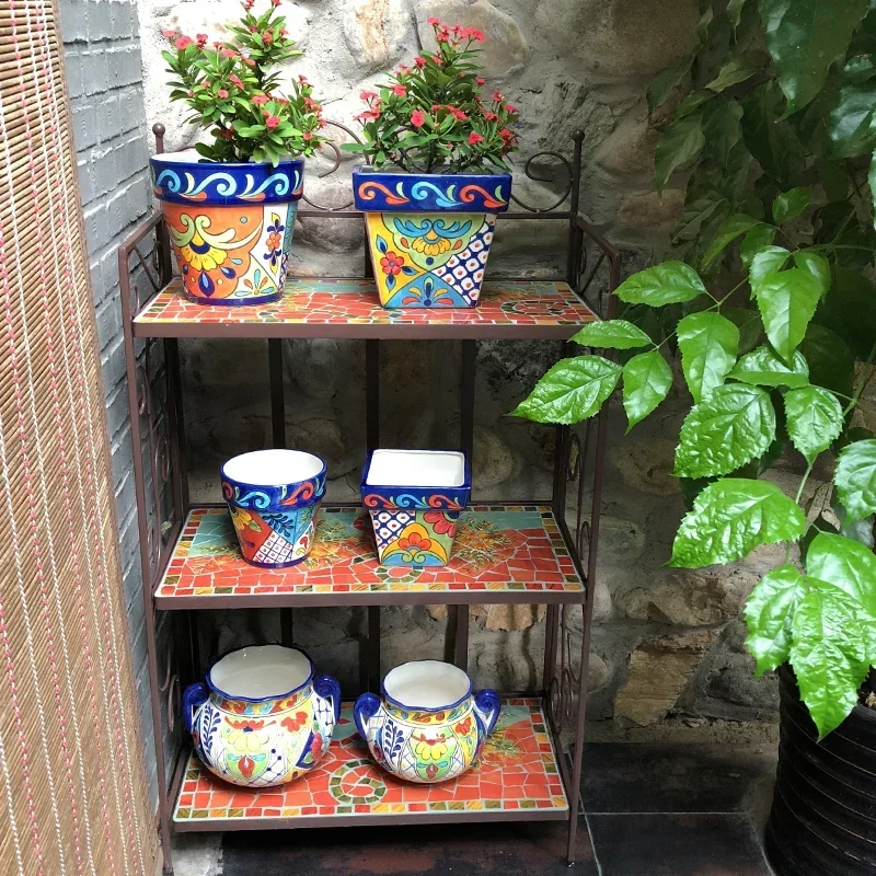 حامل زهور البحر الأبيض المتوسط المميز من فسيفساء كرافت، رف أحذية منزلي للفيلا، رف شرفة مكسيكي باللون البلوز