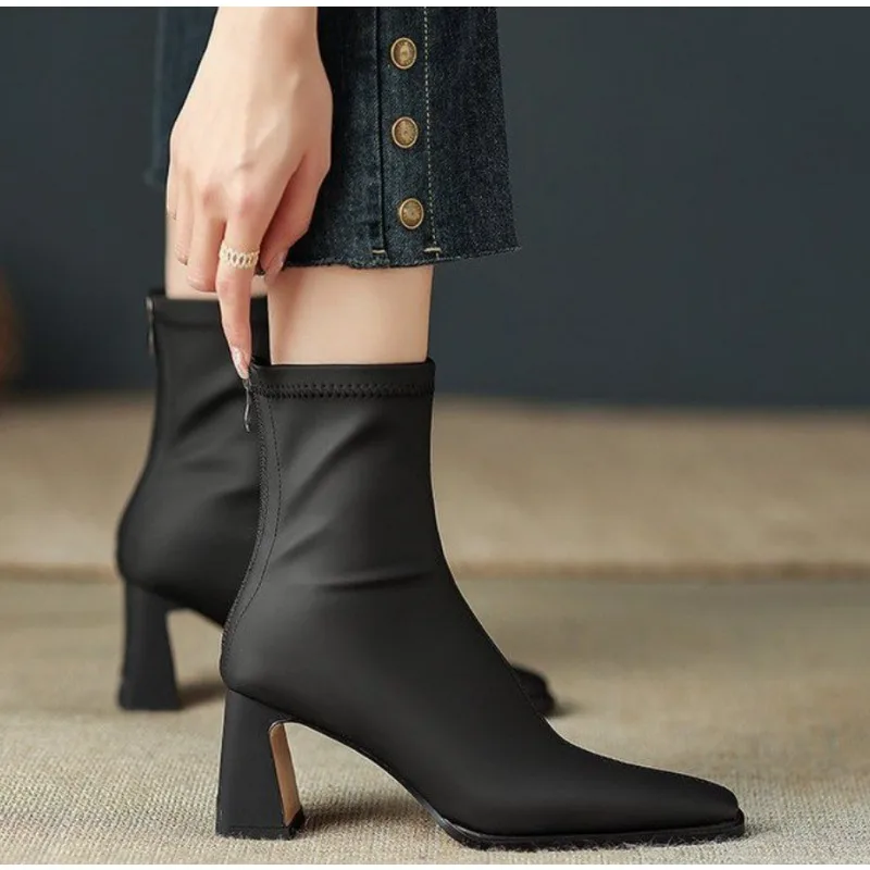 

Осень-зима, женские эластичные тонкие ботильоны, модные туфли с острым носком, женские лаконичные пикантные узкие эластичные короткие ботильоны