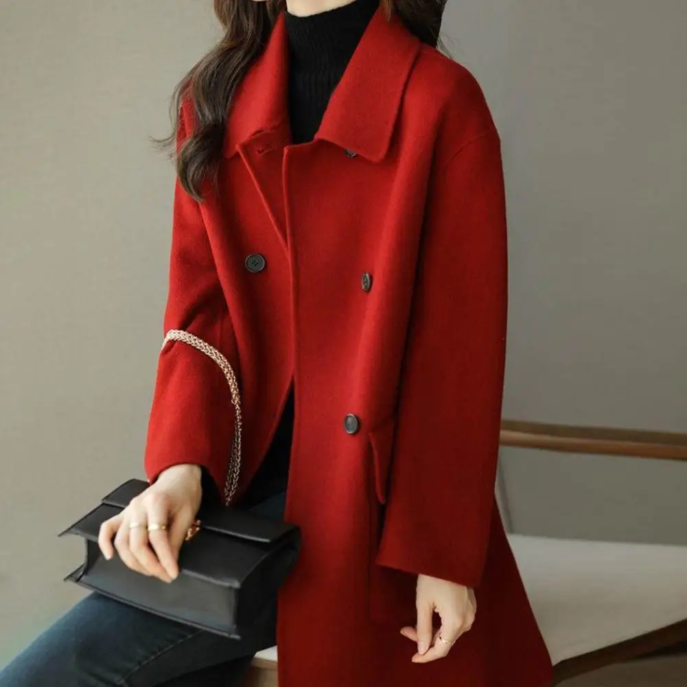 Trendy Pocket Design Thickened Women Overcoat Outdoor Outwear Gift Lapel Collar Polyester Women Overcoat for Daily Wear