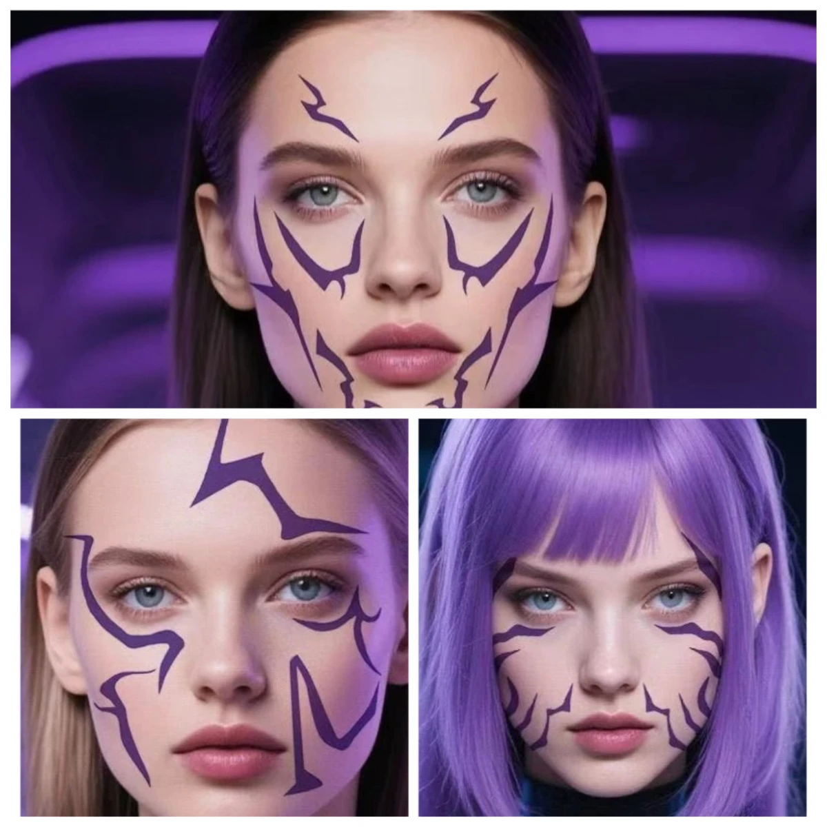 

6-листовые временные татуировки, фиолетовая молния, смелый макияж для косплея, ролевые игры, водонепроницаемые наклейки для лица