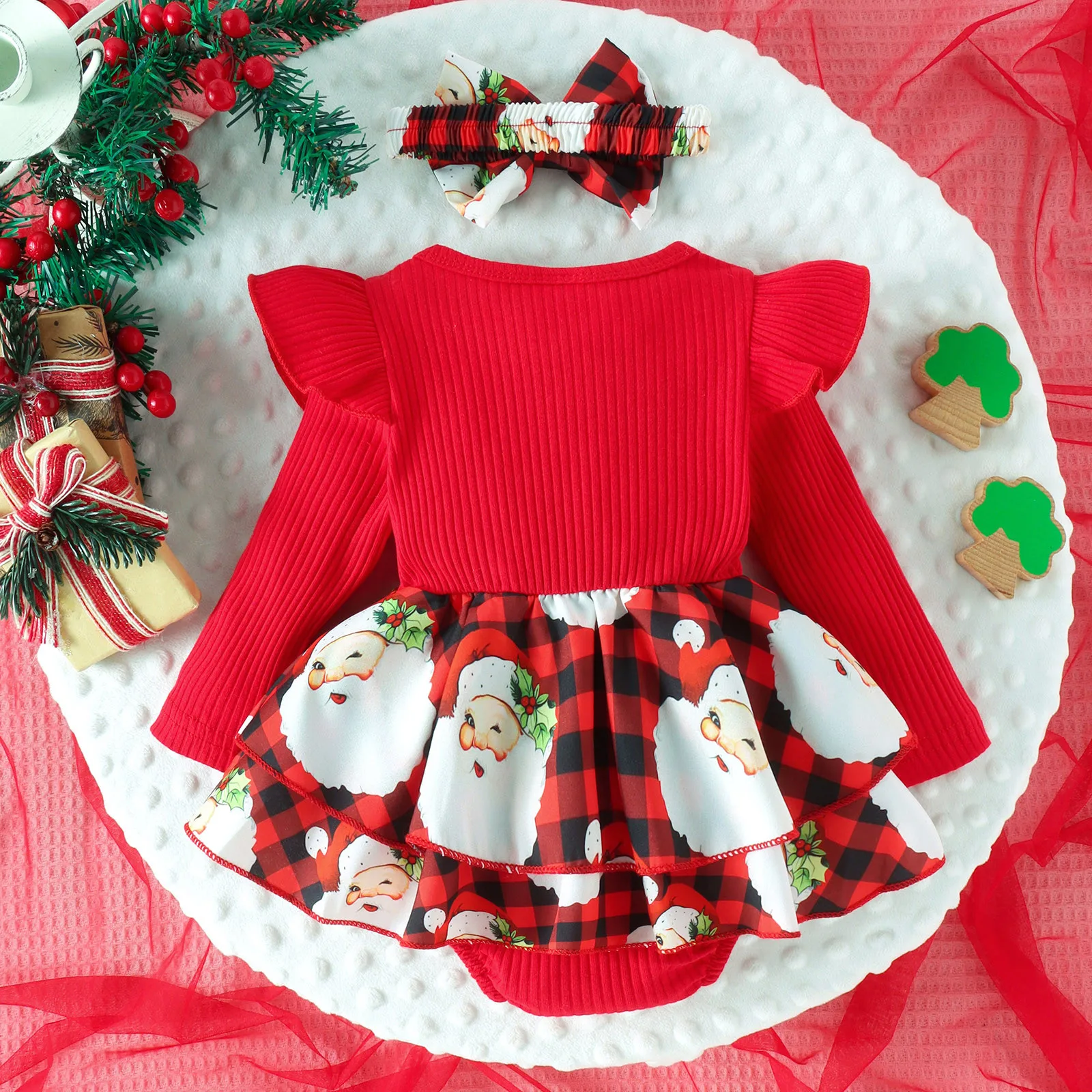 Baby Girl Christmas Clothes Cartoon Deer Santa Plaid Bodysuit Dress For Infants Newborns My First New Year Costume For Babies