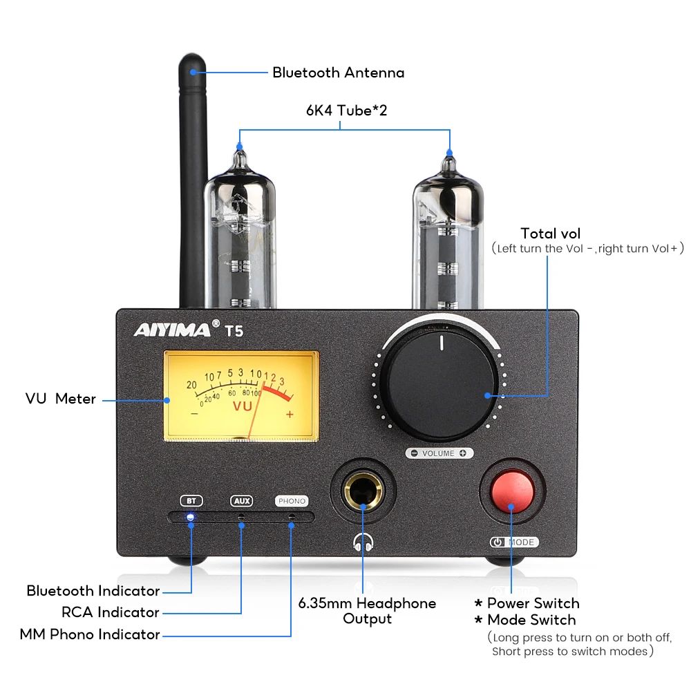 AIYIMA T5 MM Phono Stage Amplifier Record Player Stereo Audio VU Meter Bluetooth Amplifier For Turntable Phonograph Preamplifier