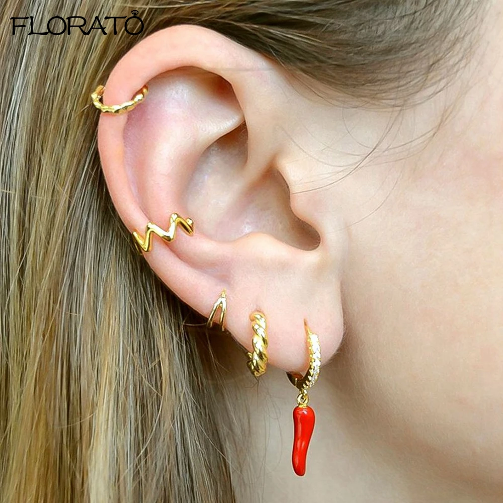 

925 Sterling Silver Needle Red Enamel Chili Pendant Earrings Fashion Zircon Hoop Earrings for Women 2024 New Trendy Jewelry Gift