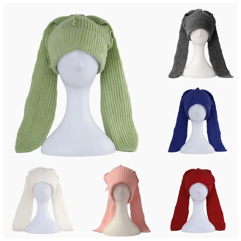 Luxury Brand Label Knitted Hat Winter Long Cute Rabbit Ear Bunny Hat For Women Men Party Personality Couple Hat Beanies Skullies