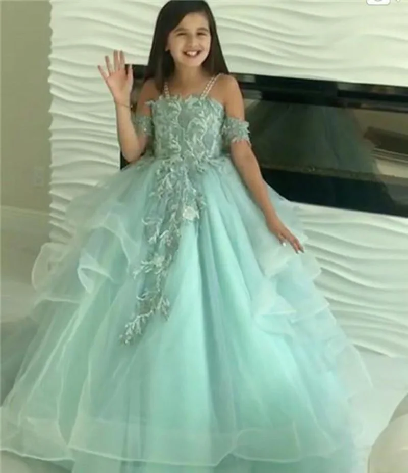 Vestidos de encaje con cuentas para niñas, vestido de desfile con tirantes finos, tul con volantes, vestidos de fiesta de comunión para niños pequeños, bodas