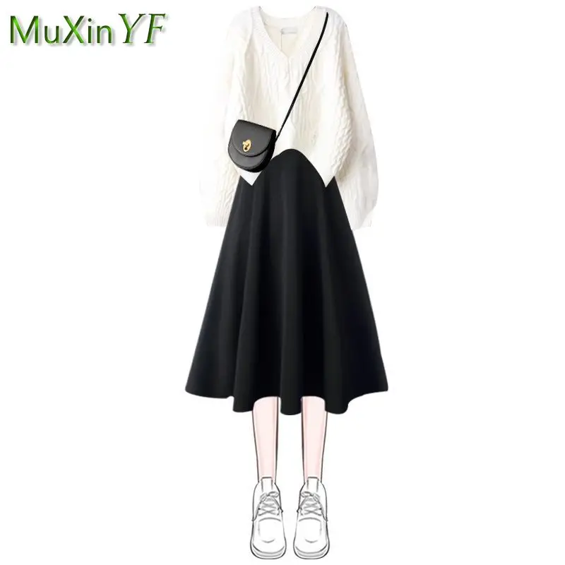 2024 Autumn/Winter New Matching Set Women\'s Loose Sweater+Black Dress Two Piece Korean Elegant Chic Pullover Sling Skirt Suit