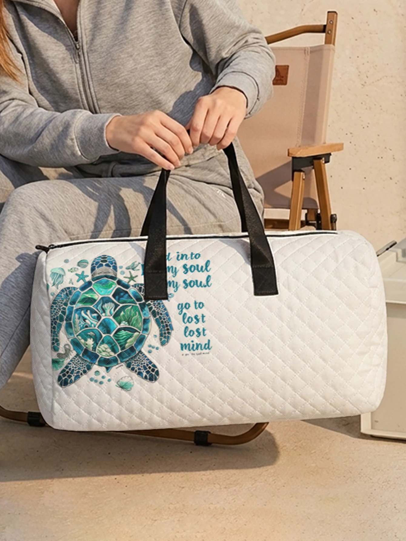 1pc, Two styles, Cute Ocean Turtle Text Printed Duffle Bag Portable Handbag suitable for Weekend Trip Sports Shopping