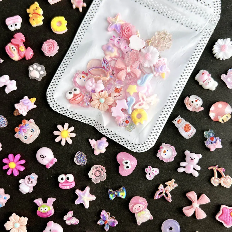 50pcs Resin Pink Flower Nail Charms Cute Cartoon Frog Bear Random Mixed Nail Art Decorations Accessories DIY Handmade Crafts