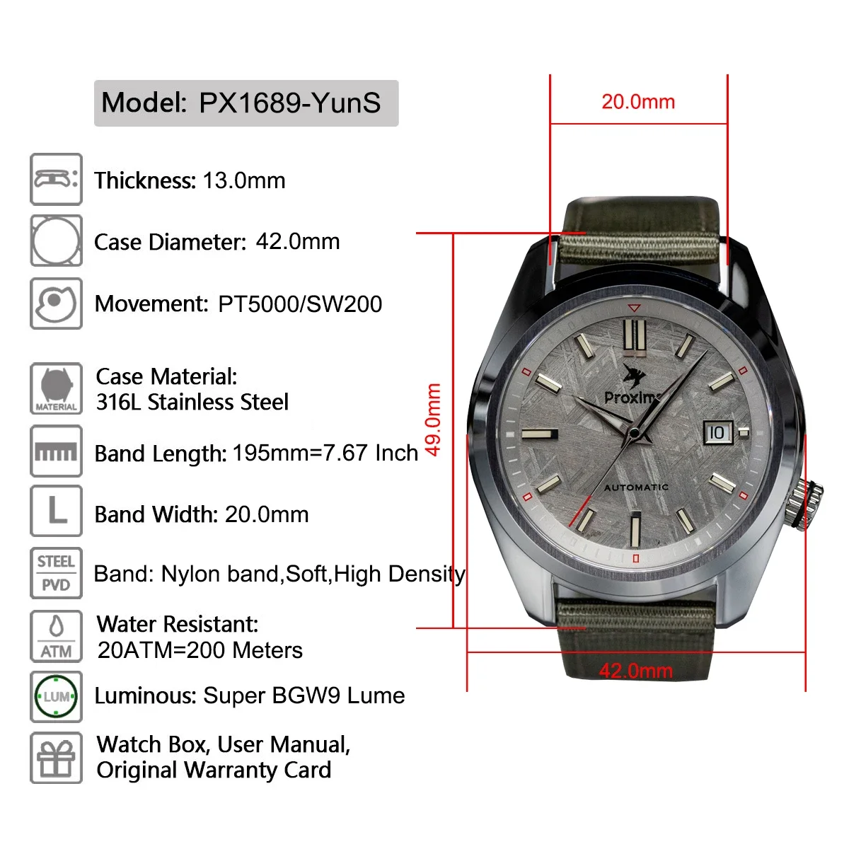 Proxima 42mm Luxury Men Watch Meteorite Dial PT5000 SW200 Automatic Mechanical Business Wristwatches Sapphire BGW9 Luminous
