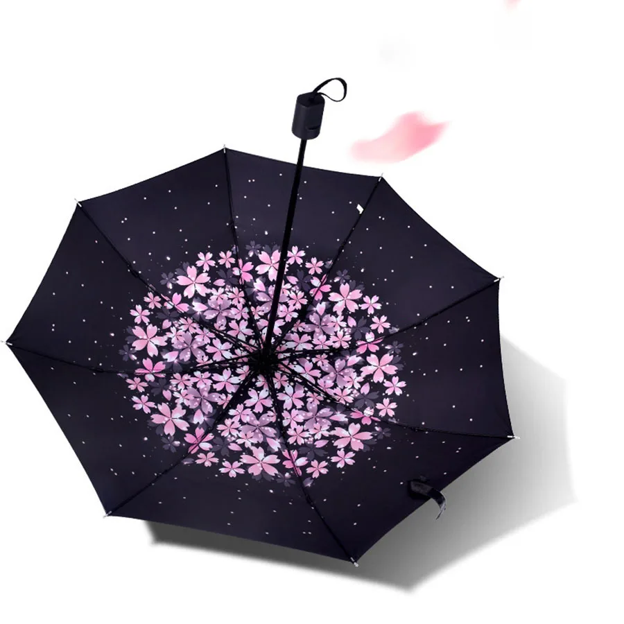 Foldable Inner Printed Small Black Umbrella, Sunny And Rainy Dual-use UV Protection Umbrella, Lightweight Sturdy Travel Manual U