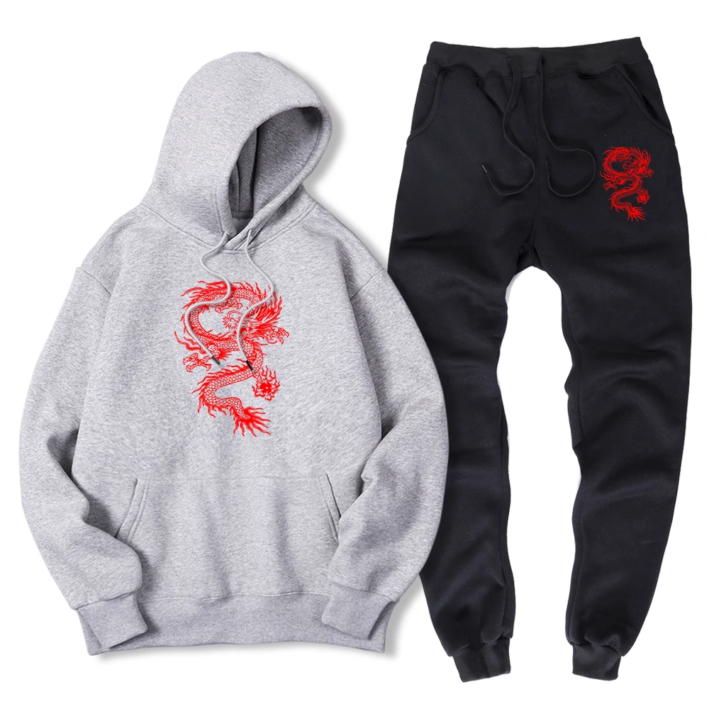 

The Red Dragon Japan Harajuku Print 2 Piece Sets Men Winter Hoody + Pants Casual Sweatshirt + Sweatpant Fleece Sportswear Suit