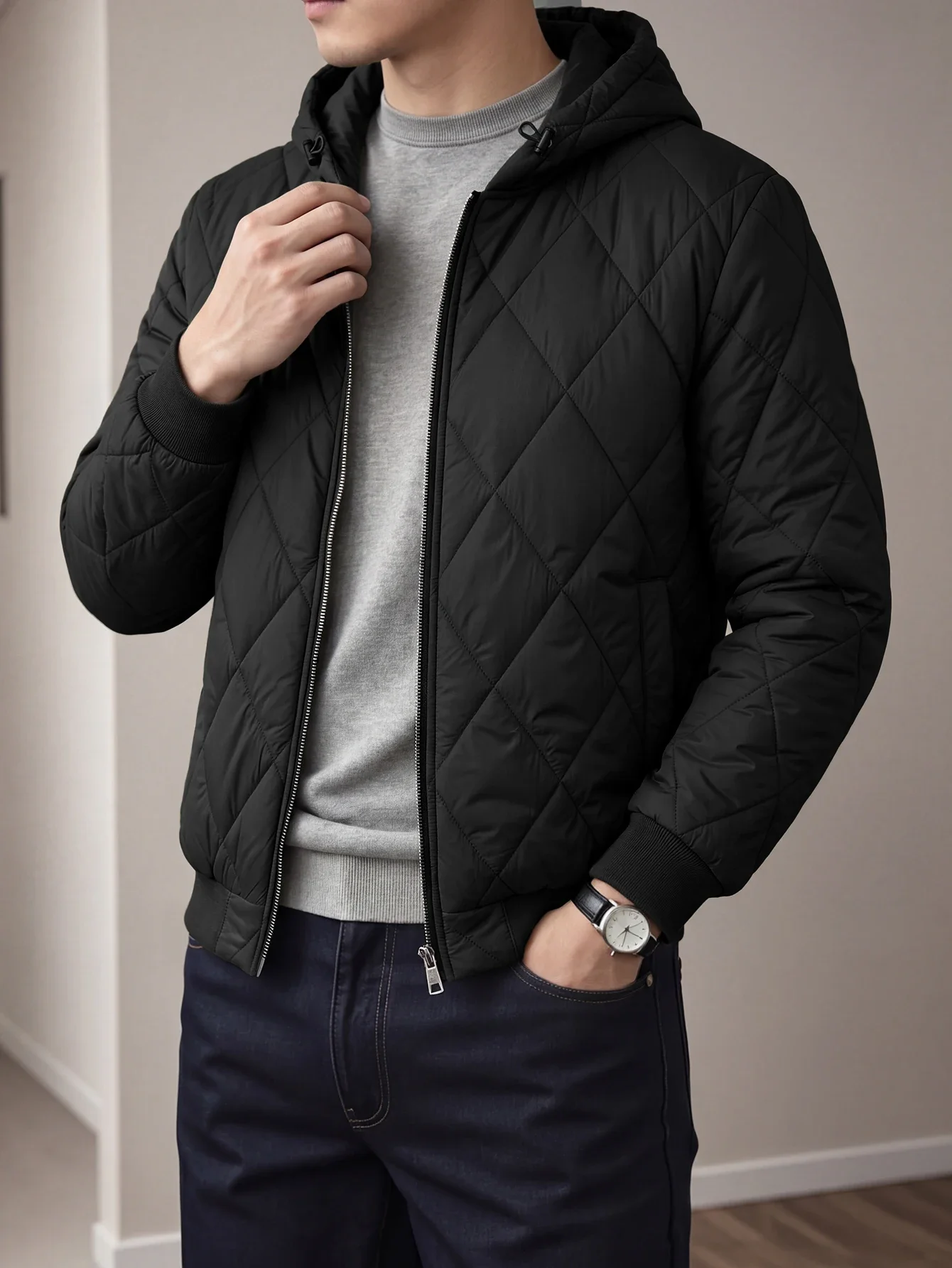 Men's Lightweight Quilted Hooded Cotton Jacket Black Windproof Interlined Short Style Versatile Autumn Winter Coat for Youth