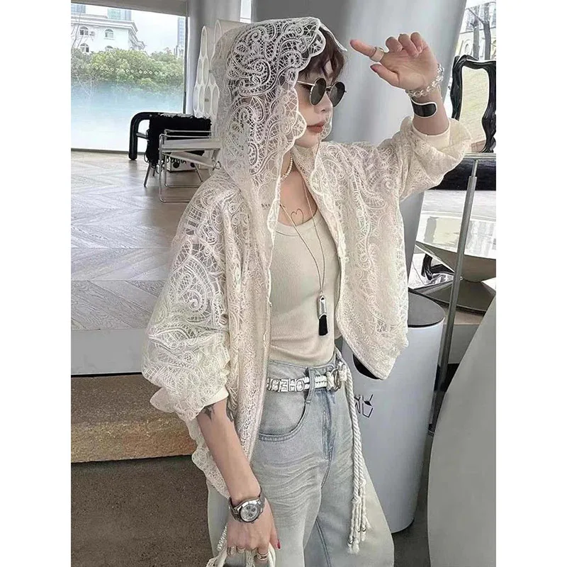 Sun Protection Ladies Korean Age-reducing Relaxed Temperament Design Lace Hooded Cardigan Women Hollow Coat Thin Coat Female Top