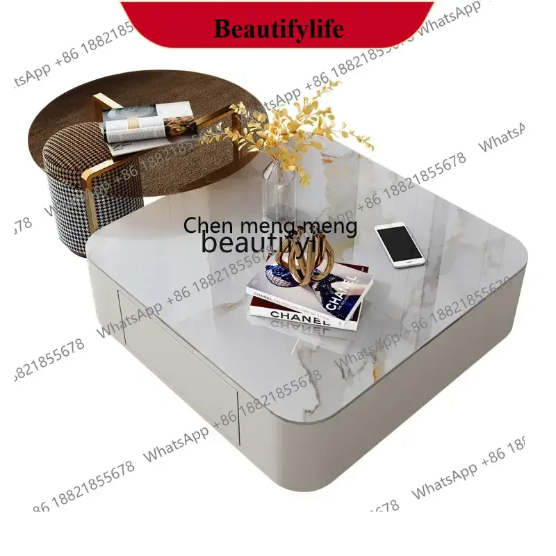 D178 Y zq Retractable Stone Plate Coffee Table TV Cabinet Combination Simple Modern Living Room round Glass Side Table