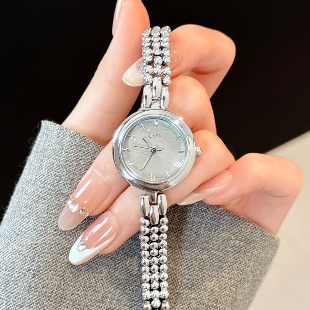 GEDI Vintage Watches for Woman Silver Beaded Bracelet Elegant Small Dial Quartz Ladies Watch Dainty Female Daily Accessory Clock