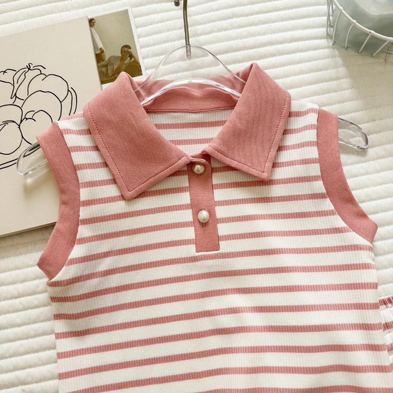 

2026 Summer New Children's Hot Selling Collar Striped Minimalist Top and A-line Same Color Short Skirt Two-piece Set