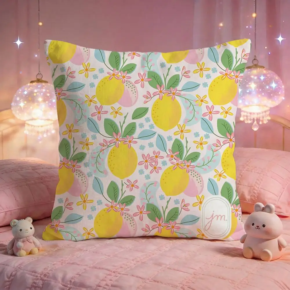 Lemon Floral Pattern Cushion Cover Premium Comfort Reversible Pillow Cove -Two in One Design for Any Room & Car Interior