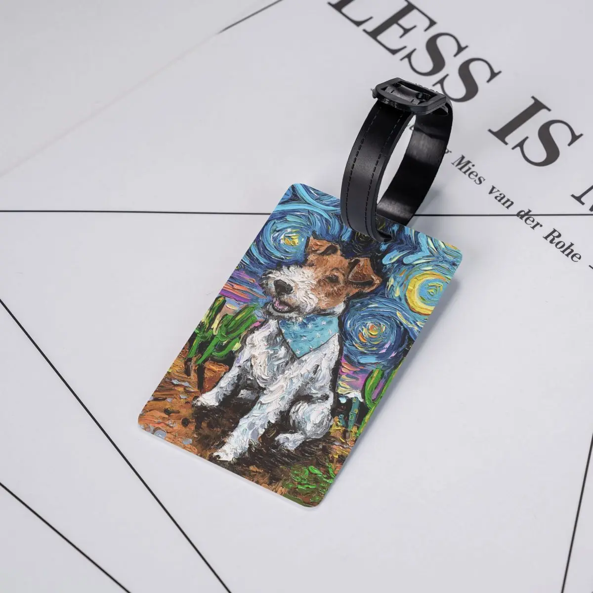 Etiqueta de equipaje de Noche Estrellada Fox Terrier, Etiquetas de equipaje personalizadas para amantes de los perros, cubierta de privacidad, tarjeta de identificación con nombre