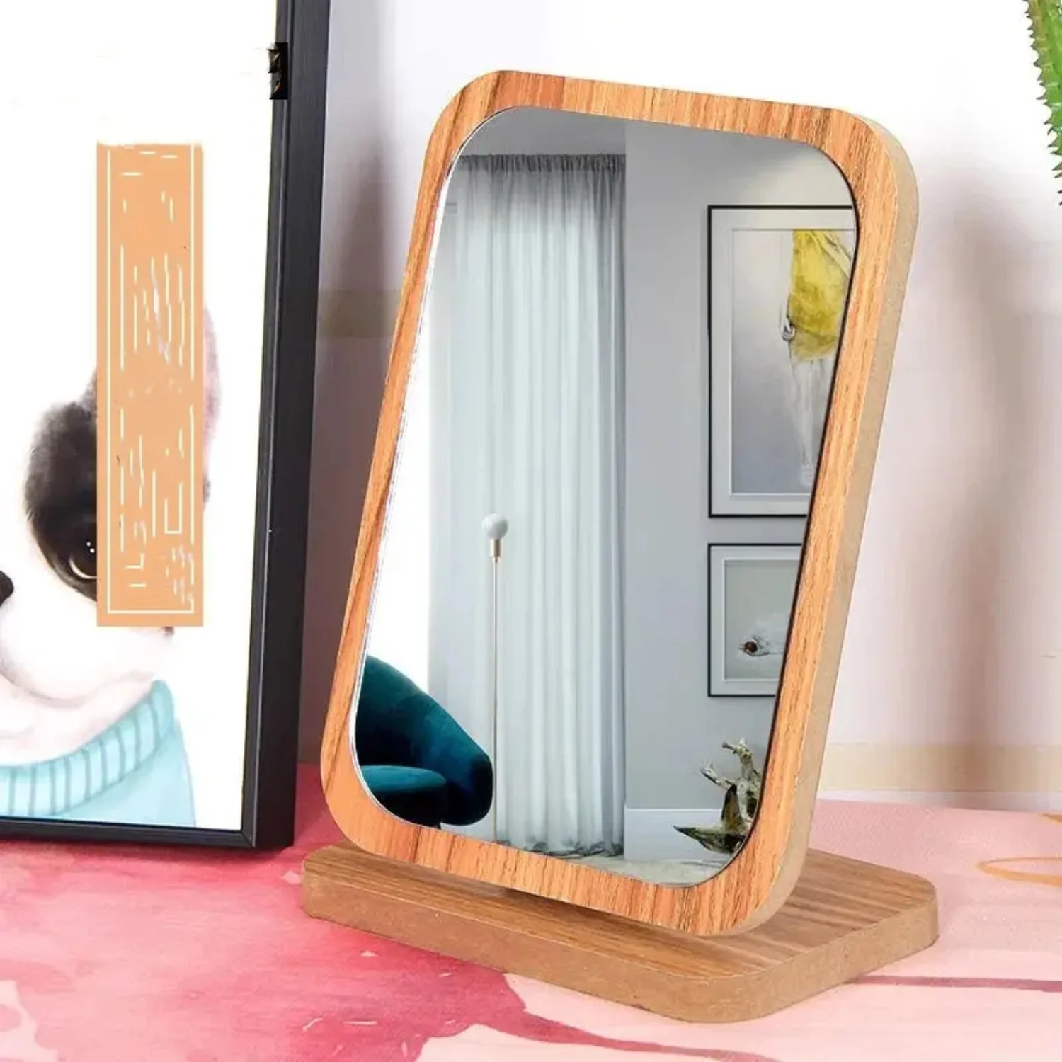 Portable Folding Wooden Tabletop Dressing Mirror with Stand - Rectangular Cosmetic Mirror for Women