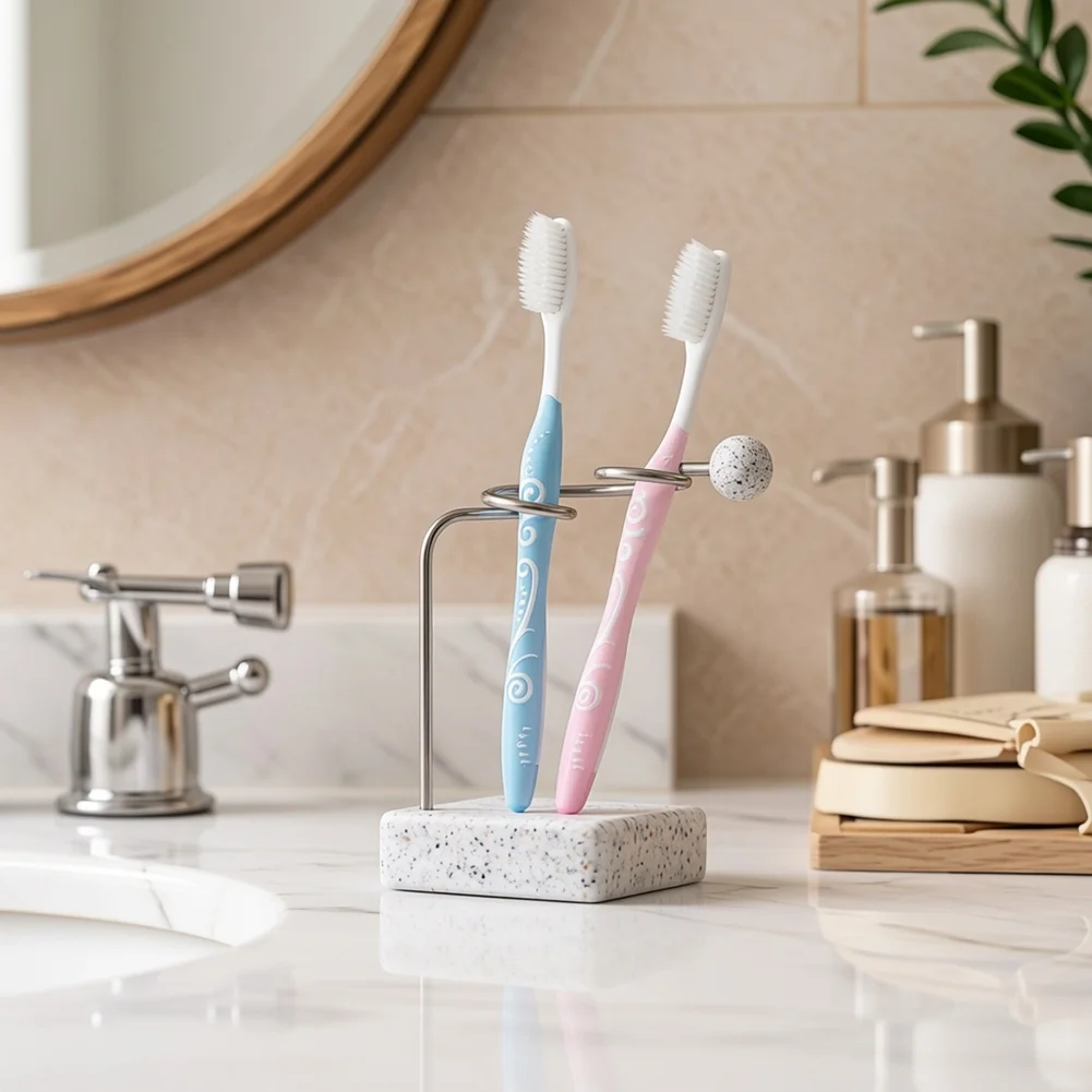 Stylish Toothbrush Holder with Stainless Steel Frame and Resin Base for Bathroom Countertop 2 Slot 16x11x9.5cm White