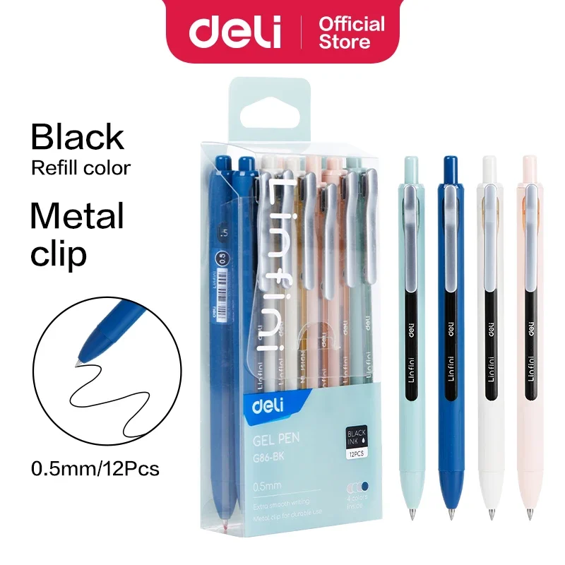 Deli 12pcs Gel Pens 0.5mm Black Blue Ink Kawaii Colored Pens Metal Clip Korean School Supplies Ballpoint Pen Back To School