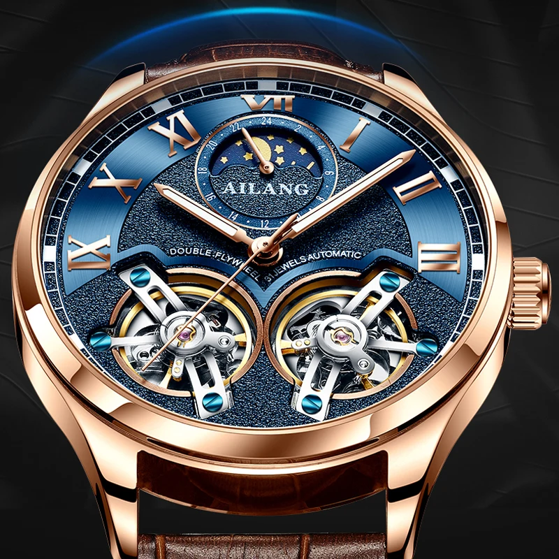 AILANG Original Design men\'s Double Flywheel Automatic Mechanical Watch Fashion Leisure Business Luxury Clock