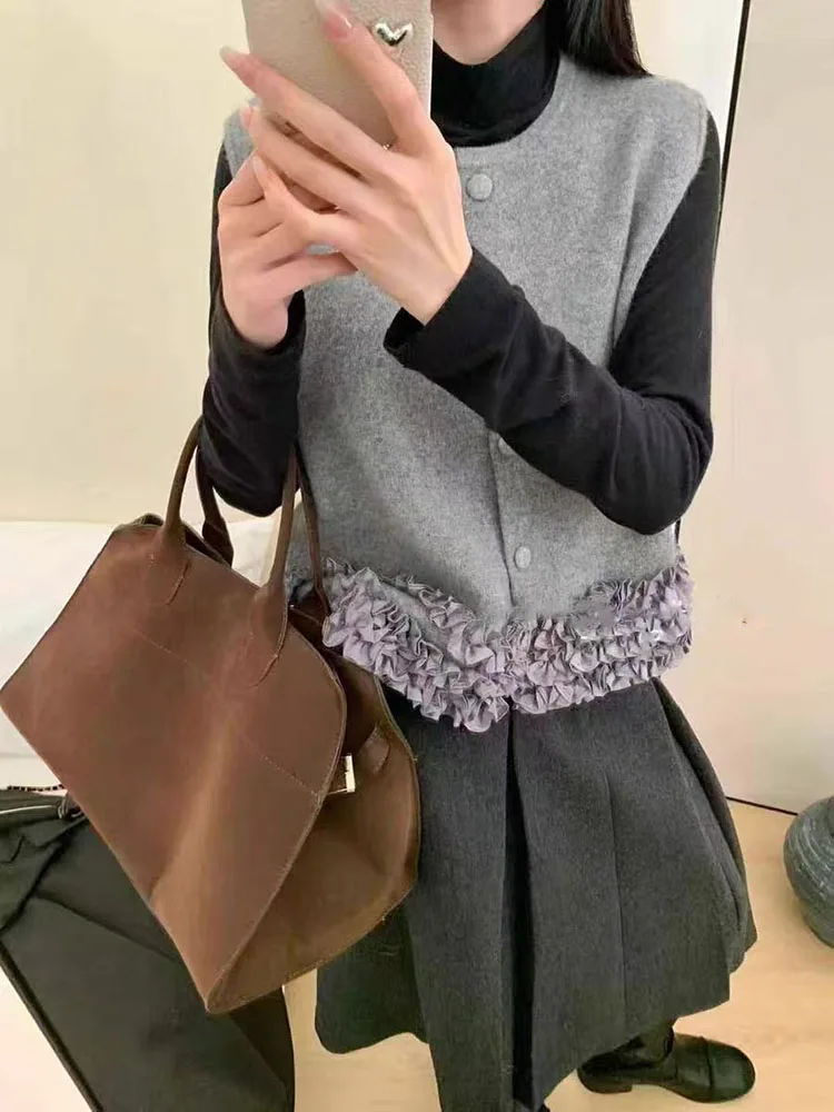 เสื้อกั๊กถักไหมพรมแบบกระดุมเดียว ดีไซน์เกาหลี แต่งผ้าลูกไม้ ทรงกลม รุ่นใหม่ สำหรับผู้หญิง ฤดูใบไม้ผลิ ฤดูใบไม้ร่วง ฤดูหนาว เสื้อคุณภาพสูง อุ่นสบาย