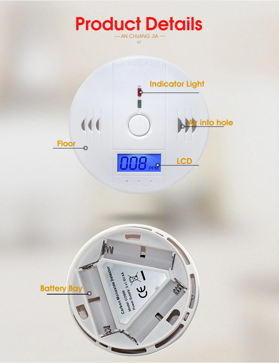 Imagem -06 - Detector de Vazamento de Gás de Monóxido de Carbono co Detector Display Lcd Intoxicação Som de Fogo Aviso de Envenenamento Sensor de Alarme Casa