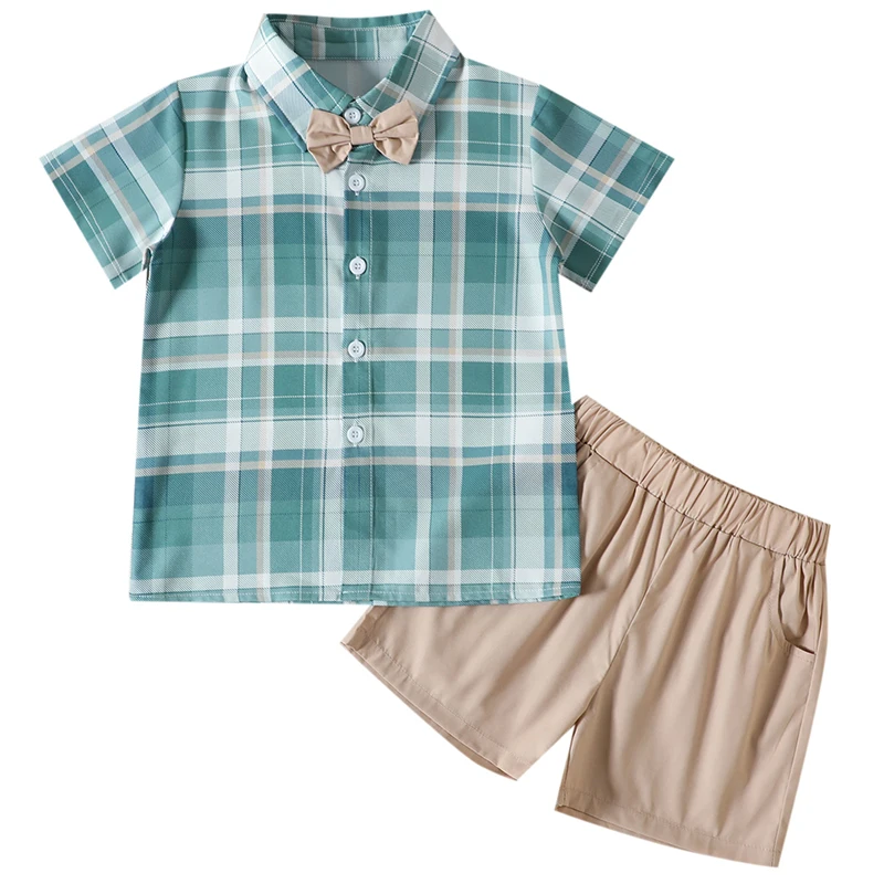 

3Piece Set Summer Kids Clothes Boy Fashion Gentleman Plaid Short Sleeve Cotton Baby Tops+Shorts+Tie Baby Boutique Clothing BC135