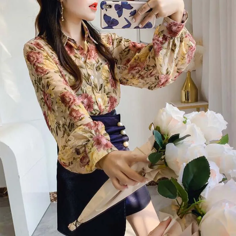 Shirts Women Floral Print turn down neck Ins Chiffon Sweet Elegant Female Chiffon Top Summer Vacation Streetwear 3XL NS5323