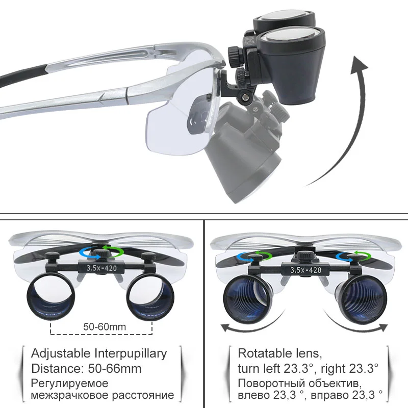 2.5X/3.5X Dental Binocular Loupes 5W LED Medical Headlight with Yellow Filter Rechargeable Li-ion Battery Aluminum Box