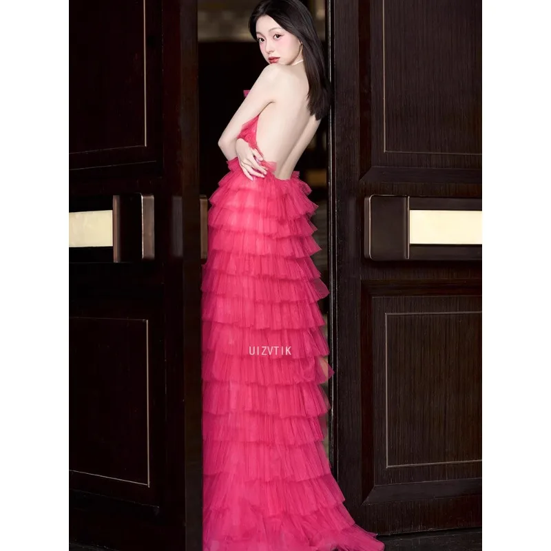 

Pink Backless Evening Party Dresses Sexy Halter Tulle Layered Ruffles Long Wedding Photos Shoot Dress Elegant Mermaid Prom Gown