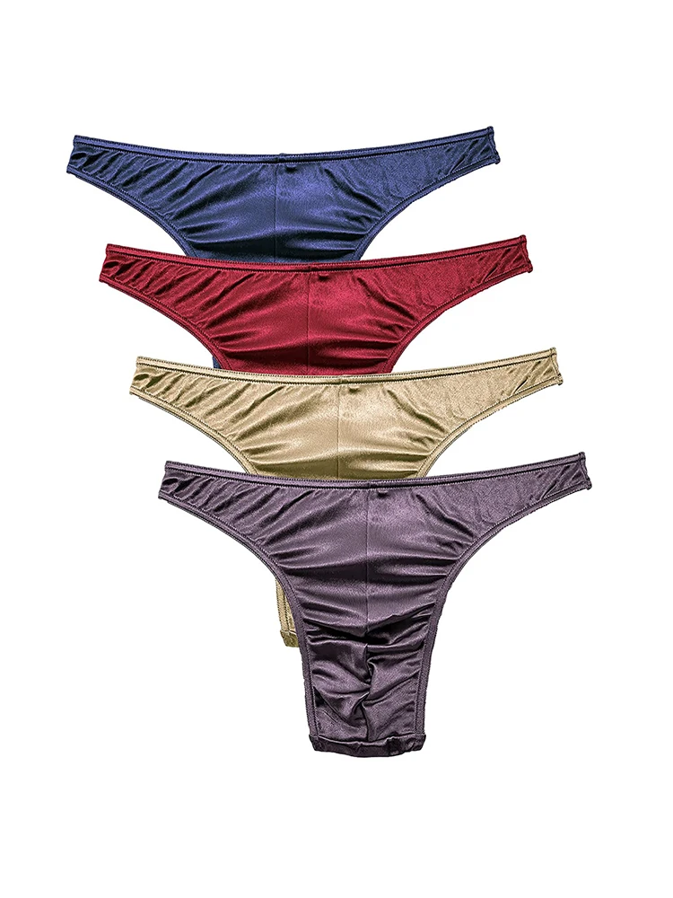 4Pcs/Bag Mens Panties Sexy Satin Silky Underwear Sissy Gay For Man Solid Color High QualityT-Back G-String Many Styles