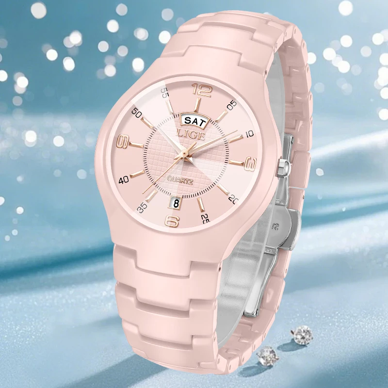 LIGE Elegant Luxury Woman Watch Fashion Auto Date Weeks Ceramic Strap Ladies Clocks Simple Waterproof Quartz Women Watches Reloj